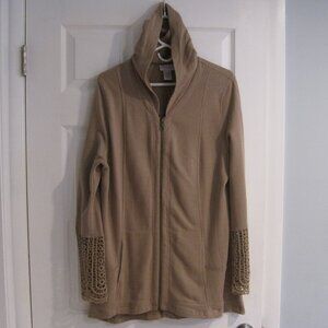 Soft Surroundings Tan Hooded Cardigan Size L Crochet Trim Long Sleeve Zip Cotton